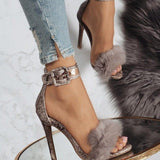30 Pieces) Plus Size Snakeskin Pattern Ankle Strap Plush Stilettos
