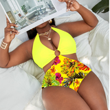 36 Pair's) Wholesale Plus Size Multicolor Print Ring Halter One Piece Swimsuit